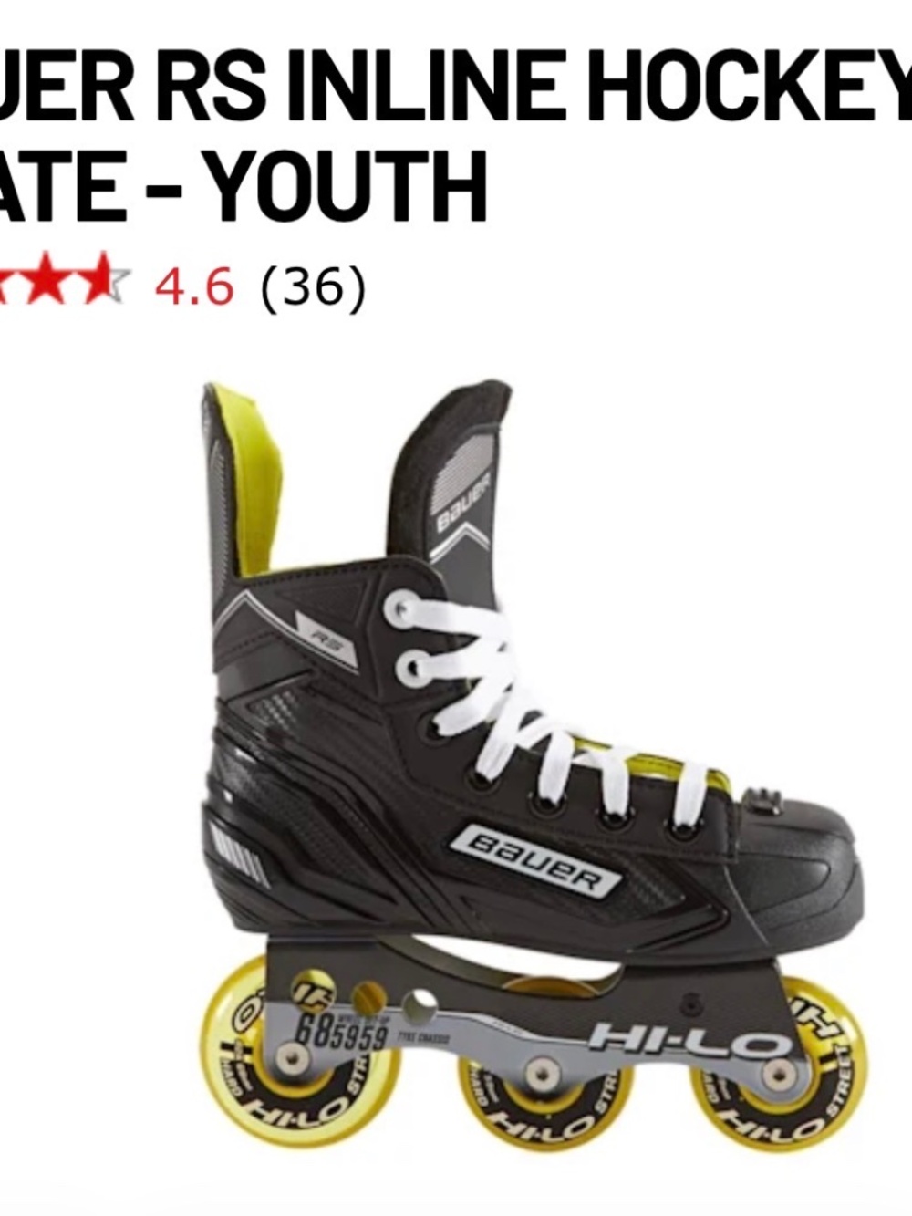 Bauer RS Inline Hockey Skate - Youth Size 1